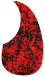 The image shows a teardrop-shaped guitar pickguard with a vibrant red and black marbled pattern, featuring orange and amber accents. Common on acoustic and some electric guitars, this decorative pickguard protects the guitar's top from scratches while enhancing its visual appeal. Its bold colors make it a striking accessory that combines function and style.