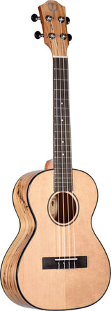 The image shows a beautifully crafted acoustic ukulele with a light-colored wood top, striking striped wood back and sides, and a dark fingerboard. It has four nylon strings, black tuning pegs with chrome machines, a decorative rosette around the sound hole, fret markers, and binding on the body edges. Likely a concert or tenor size, this visually striking instrument combines quality materials and design for players and collectors alike.