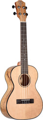 The image shows a beautifully crafted acoustic ukulele with a light-colored wood top, striking striped wood back and sides, and a dark fingerboard. It has four nylon strings, black tuning pegs with chrome machines, a decorative rosette around the sound hole, fret markers, and binding on the body edges. Likely a concert or tenor size, this visually striking instrument combines quality materials and design for players and collectors alike.