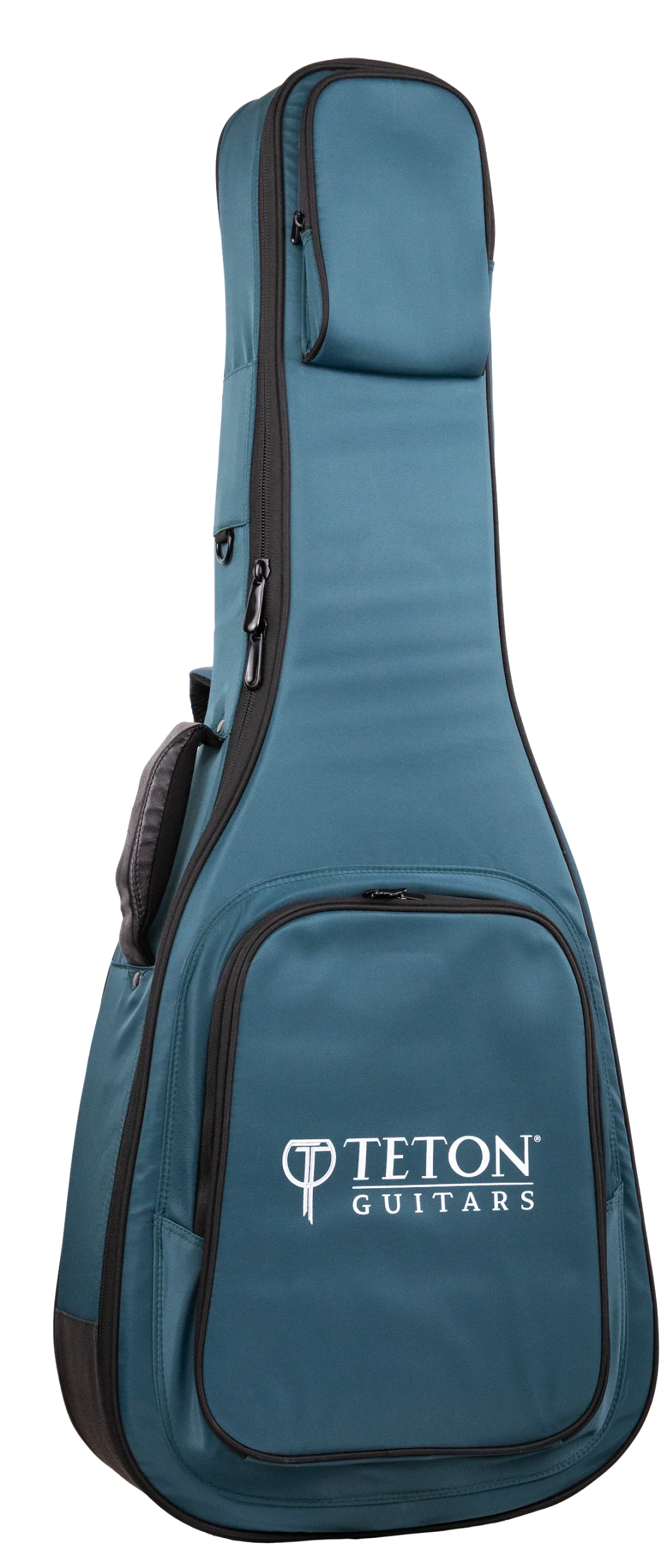 The image shows a teal and black padded gig bag from Teton Guitars, designed to carry and protect a full-size acoustic guitar. It features the "TETON GUITARS" logo on the front pocket, multiple zippered compartments, padded shoulder straps, and durable fabric construction, providing ample storage for accessories like picks, strings, and tuners.