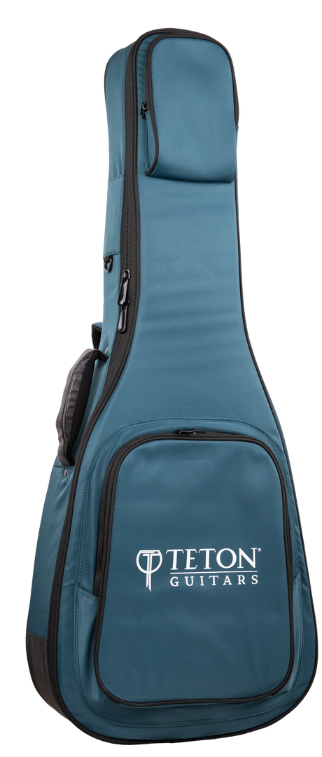 The image shows a teal and black padded gig bag from Teton Guitars, designed to carry and protect a full-size acoustic guitar. It features the "TETON GUITARS" logo on the front pocket, multiple zippered compartments, padded shoulder straps, and durable fabric construction, providing ample storage for accessories like picks, strings, and tuners.