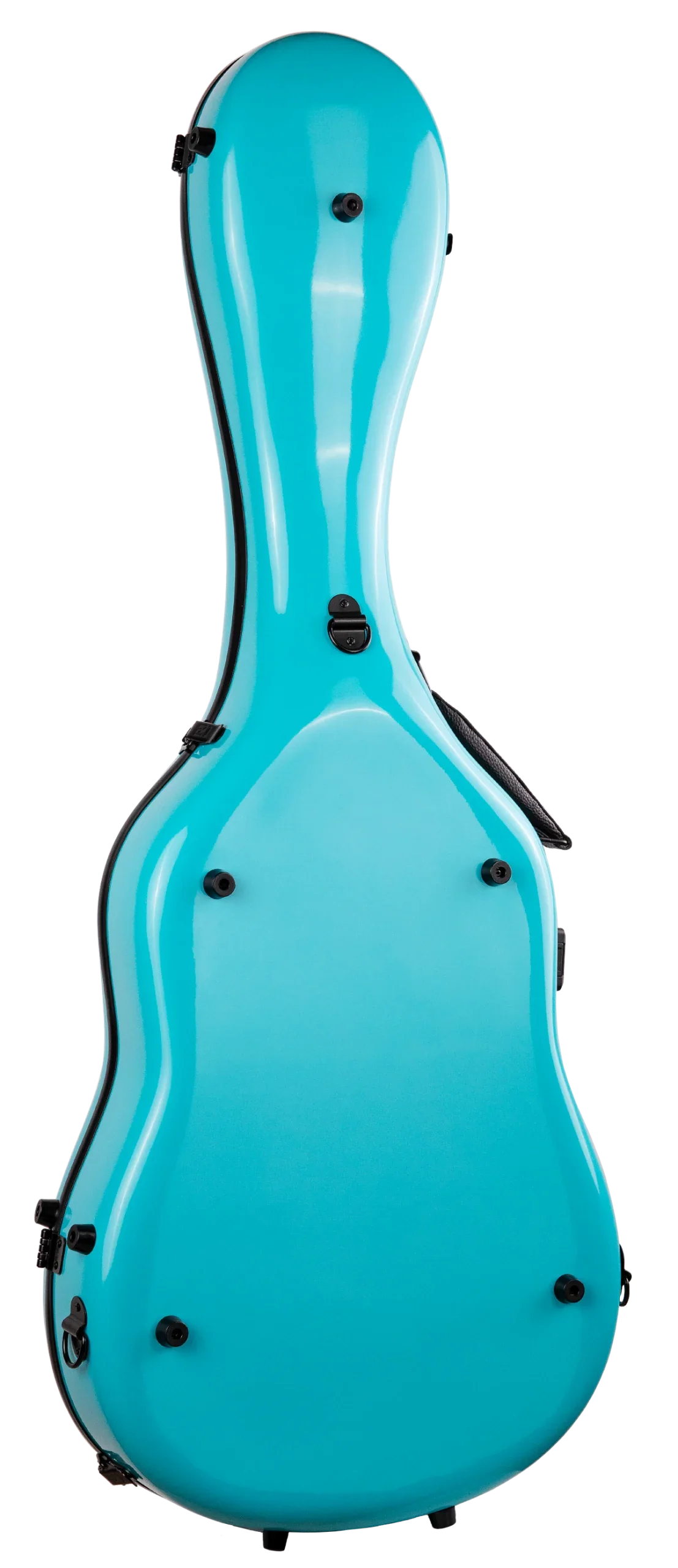The image shows a hard-shell guitar case in vibrant turquoise with a glossy finish. It features black latches, multiple locking points, and an ergonomic handle. The lightweight, contoured fiberglass or carbon fiber design offers professional-grade protection for acoustic or classical guitars, making it ideal for touring musicians. Its bright color aids quick identification and provides superior durability compared to soft gig bags.