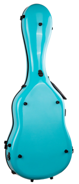 The image shows a hard-shell guitar case in vibrant turquoise with a glossy finish. It features black latches, multiple locking points, and an ergonomic handle. The lightweight, contoured fiberglass or carbon fiber design offers professional-grade protection for acoustic or classical guitars, making it ideal for touring musicians. Its bright color aids quick identification and provides superior durability compared to soft gig bags.