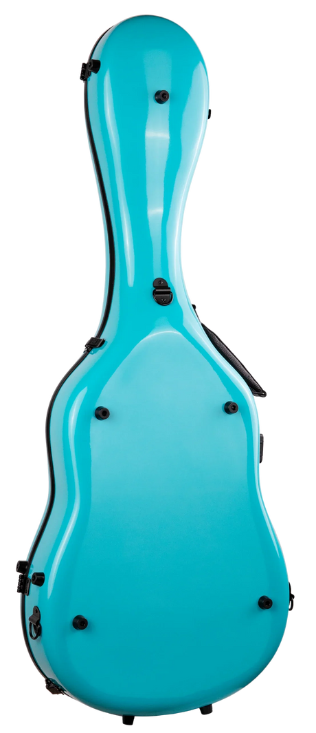 The image shows a hard-shell guitar case in vibrant turquoise with a glossy finish. It features black latches, multiple locking points, and an ergonomic handle. The lightweight, contoured fiberglass or carbon fiber design offers professional-grade protection for acoustic or classical guitars, making it ideal for touring musicians. Its bright color aids quick identification and provides superior durability compared to soft gig bags.