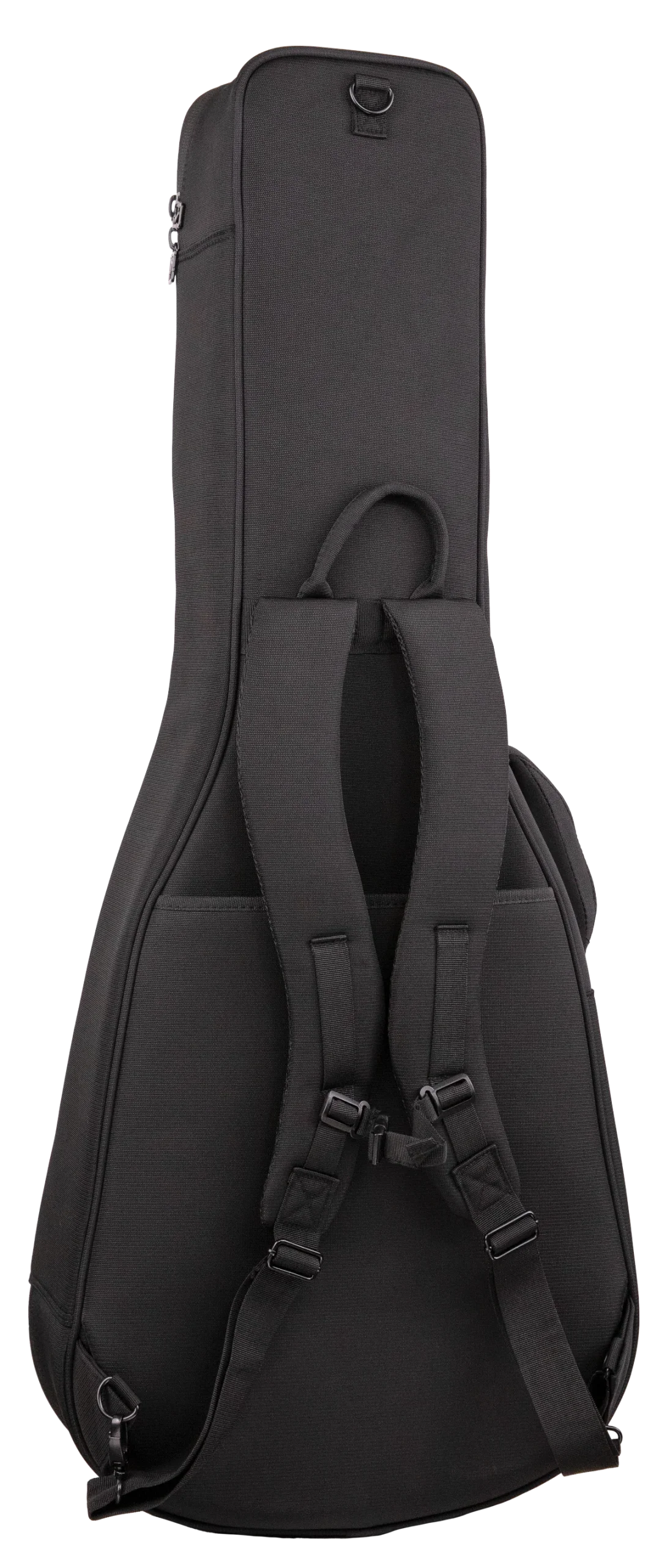 The image shows a black guitar gig bag with a durable fabric exterior. It features padded dual shoulder straps for backpack carry, a top handle, multiple zipped compartments, metal D-rings, and adjustable straps with buckles to secure the guitar. This lightweight soft case protects the instrument from dust, light impacts, and weather, making it ideal for musicians who travel frequently.