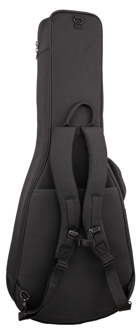 The image shows a black guitar gig bag with a durable fabric exterior. It features padded dual shoulder straps for backpack carry, a top handle, multiple zipped compartments, metal D-rings, and adjustable straps with buckles to secure the guitar. This lightweight soft case protects the instrument from dust, light impacts, and weather, making it ideal for musicians who travel frequently.