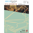The image shows the cover of "Adult Piano Adventures Classics Book 1," a piano method book by Nancy and Randall Faber, published by Faber Piano Adventures with Hal Leonard. The cover features a mint green grand piano illustration at the bottom and a classical artwork of a historical musical scene at the top. It highlights simplified classical, opera, and symphony pieces for adult beginner to intermediate piano students.