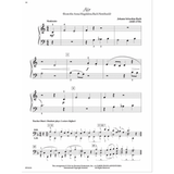 The image shows sheet music for piano, an arrangement of Bach's "Air" from the Anna Magdalena Bach Notebook. It features treble and bass clefs, marked "Moderato" in 4/4 time with dynamic markings (mf, f, p), fingering numbers, slurs, phrase marks, and measure numbers. A "Teacher Duet" section at the bottom includes right and left-hand parts for accompaniment. The music is from the "Faber Piano Adventures" method book for instructional use.