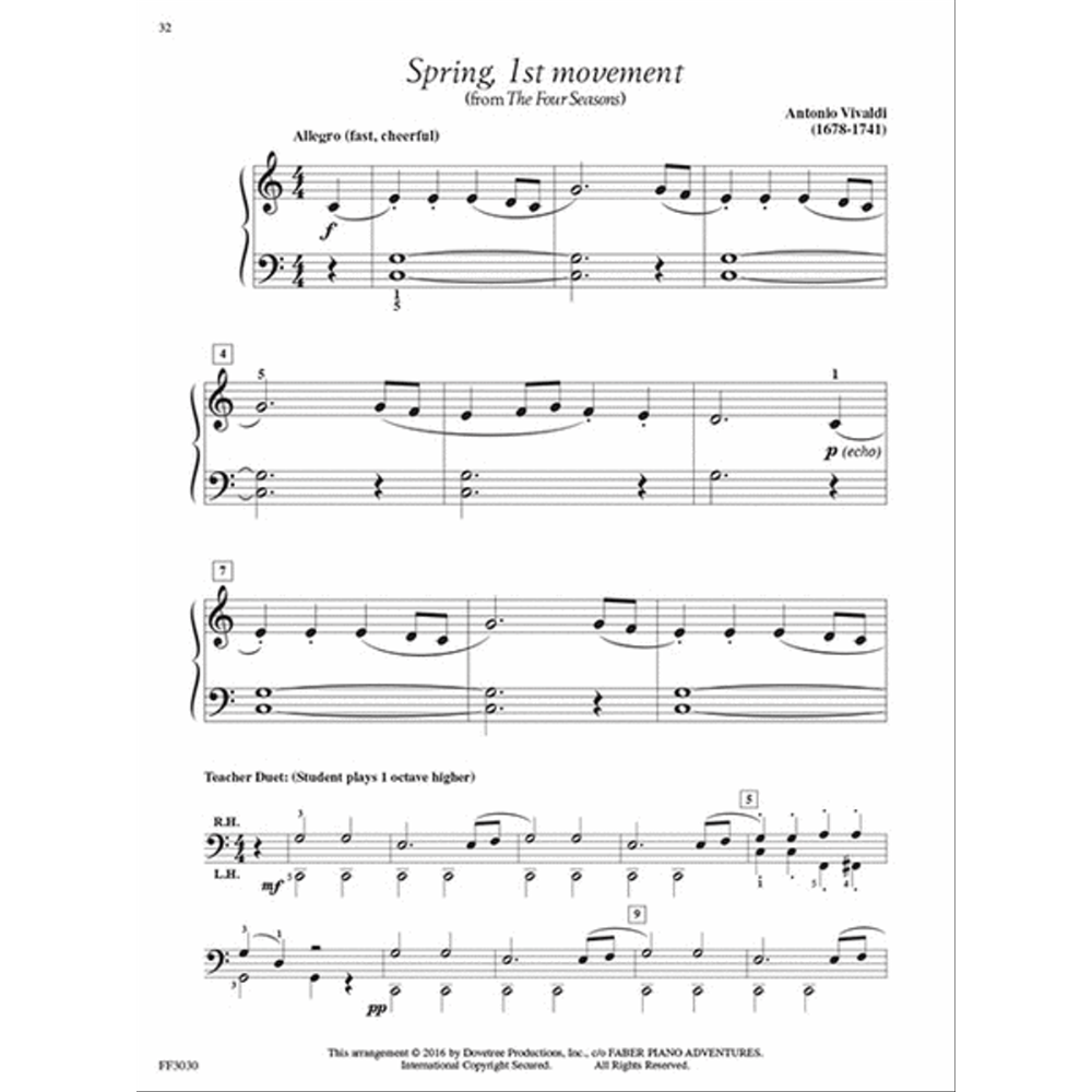 The image shows a piano sheet music arrangement of Vivaldi’s "Spring 1st movement" from The Four Seasons. It features 4/4 time, treble and bass clefs, Allegro tempo, dynamic markings (f, p echo), slurs, measure numbers, and rehearsal letters. A Teacher Duet section supports piano instruction. The notation is from an educational collection ("FABER PIANO ADVENTURES"), adapting the classical piece for student performance.