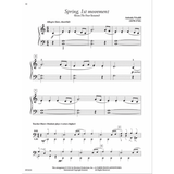 The image shows a piano sheet music arrangement of Vivaldi’s "Spring 1st movement" from The Four Seasons. It features 4/4 time, treble and bass clefs, Allegro tempo, dynamic markings (f, p echo), slurs, measure numbers, and rehearsal letters. A Teacher Duet section supports piano instruction. The notation is from an educational collection ("FABER PIANO ADVENTURES"), adapting the classical piece for student performance.