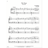 The image shows sheet music for Franz Schubert's "The Trout" (Die Forelle), arranged for piano in 4/4 time with a moderate tempo. It features a grand staff with treble and bass clefs, dynamic marking "mp," measure numbers, slurs, and standard notation. This 2018 Faber Piano Adventures edition is an educational arrangement, likely for intermediate players.