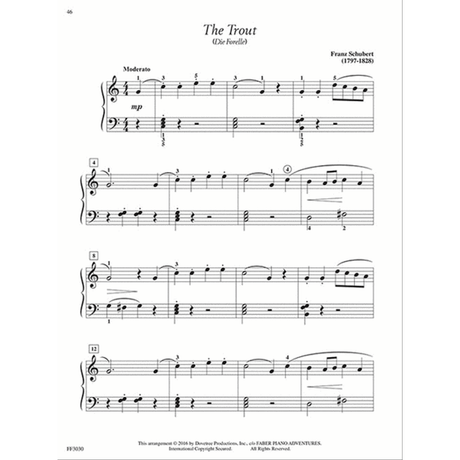 The image shows sheet music for Franz Schubert's "The Trout" (Die Forelle), arranged for piano in 4/4 time with a moderate tempo. It features a grand staff with treble and bass clefs, dynamic marking "mp," measure numbers, slurs, and standard notation. This 2018 Faber Piano Adventures edition is an educational arrangement, likely for intermediate players.
