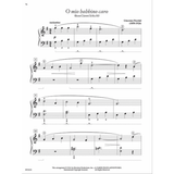 The image shows a sheet music titled "O mio babbino caro" from Puccini's Gianni Schicchi, arranged for piano in 3/4 time with an Andantino tempo and soft dynamic (p). It includes treble and bass clefs, fingering numbers, phrase markings, and spans four systems. This educational version is from the Faber Piano Adventures series, adapting the famous soprano aria for solo piano.