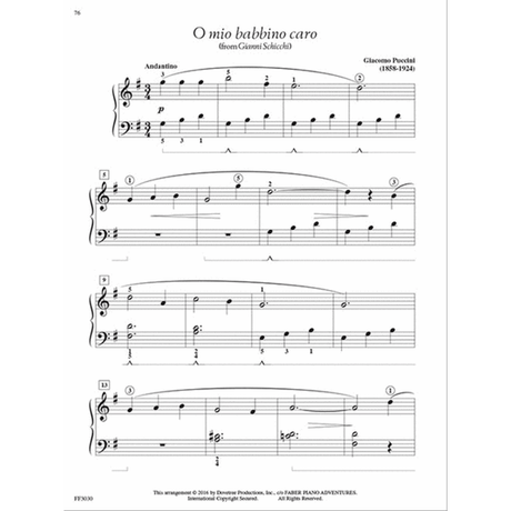 The image shows a sheet music titled "O mio babbino caro" from Puccini's Gianni Schicchi, arranged for piano in 3/4 time with an Andantino tempo and soft dynamic (p). It includes treble and bass clefs, fingering numbers, phrase markings, and spans four systems. This educational version is from the Faber Piano Adventures series, adapting the famous soprano aria for solo piano.