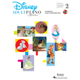 The image shows the cover of "Disney Adult Piano Adventures" Volume 2, a piano music book with sheet music of classic and contemporary Disney songs arranged by Nancy and Randall Faber. The colorful cover features Disney characters like Woody, Buzz, Alice, Moana, Belle, and Tiana in geometric shapes. Published by Faber Piano Adventures and Hal Leonard, it's designed for adult piano students.