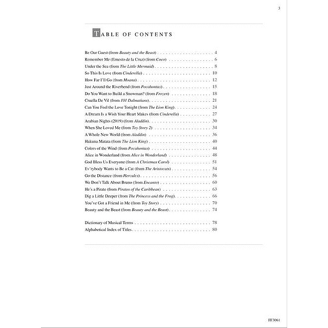 The image shows a table of contents from a music book featuring 22 songs from Disney films like "Beauty and the Beast," "Frozen," "Moana," and musicals including "101 Dalmatians." It spans pages 4-74 and includes a Dictionary of Musical Terms and an Alphabetical Index. Likely arranged for piano, guitar, or voice, the book’s product code "FF3061" is visible at the bottom.