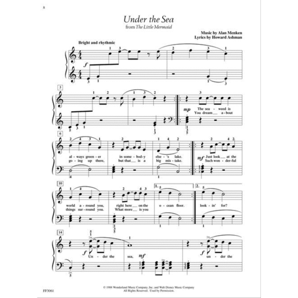 The image shows sheet music for Disney's "Under the Sea" from The Little Mermaid, arranged for piano and voice. It features 4/4 time, a "Bright and rhythmic" tempo, treble and bass clefs, fingerings, dynamics like mp and mf, slurs, and lyrics by Howard Ashman with music by Alan Menken. Visible lyrics include “The seaweed is always greener...” This official edition is published by Wonderland and Walt Disney Music Company.