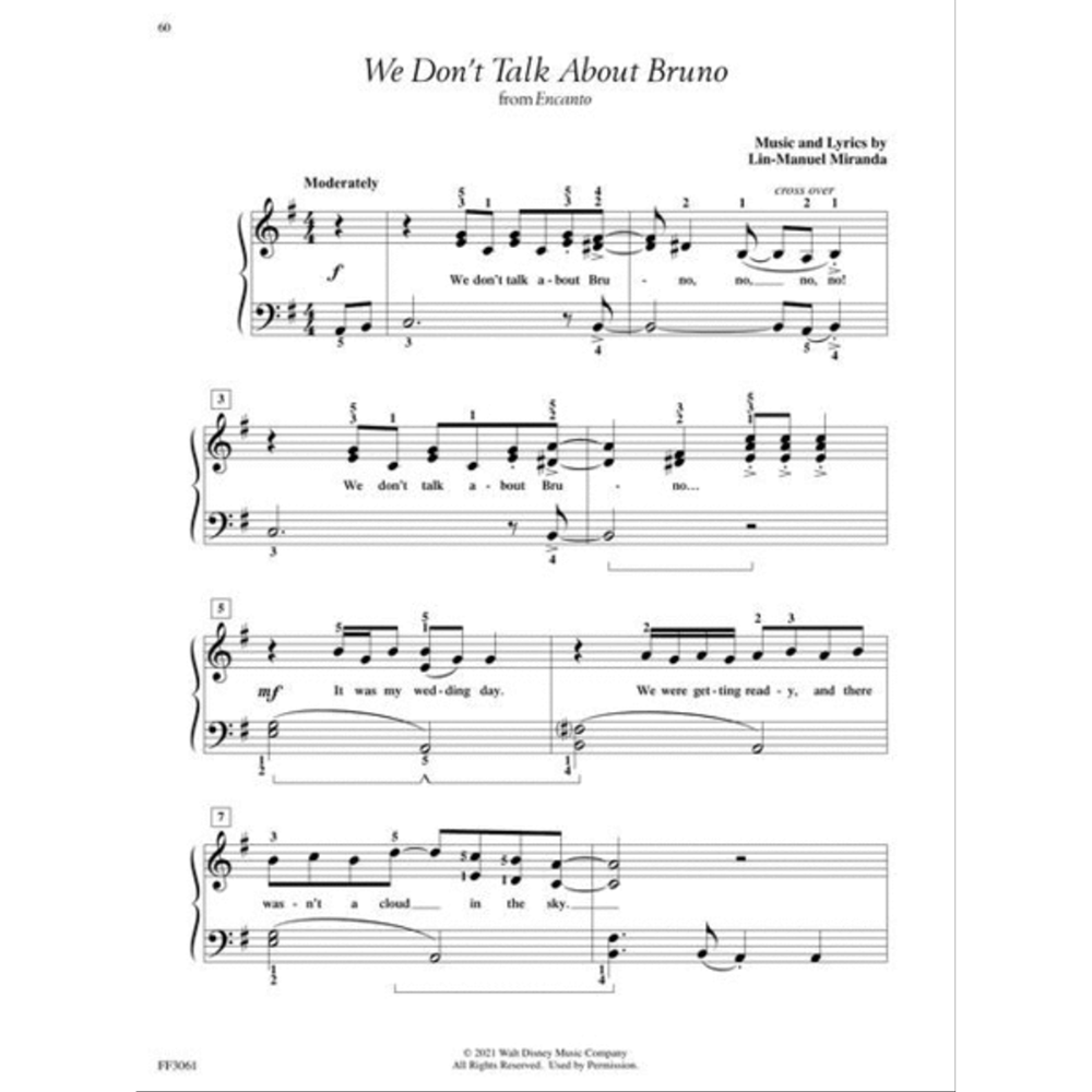 The image shows sheet music for "We Don't Talk About Bruno" from Disney's "Encanto," composed by Lin-Manuel Miranda. It features a piano arrangement in 4/4 time with a G major/E minor key signature, "Moderately" tempo, treble and bass clefs, lyrics beneath the melody, piano fingering, and dynamic markings. The visible lyrics include "We don't talk about Bruno" and references to a wedding day.