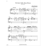 The image shows sheet music for "We Don't Talk About Bruno" from Disney's "Encanto," composed by Lin-Manuel Miranda. It features a piano arrangement in 4/4 time with a G major/E minor key signature, "Moderately" tempo, treble and bass clefs, lyrics beneath the melody, piano fingering, and dynamic markings. The visible lyrics include "We don't talk about Bruno" and references to a wedding day.