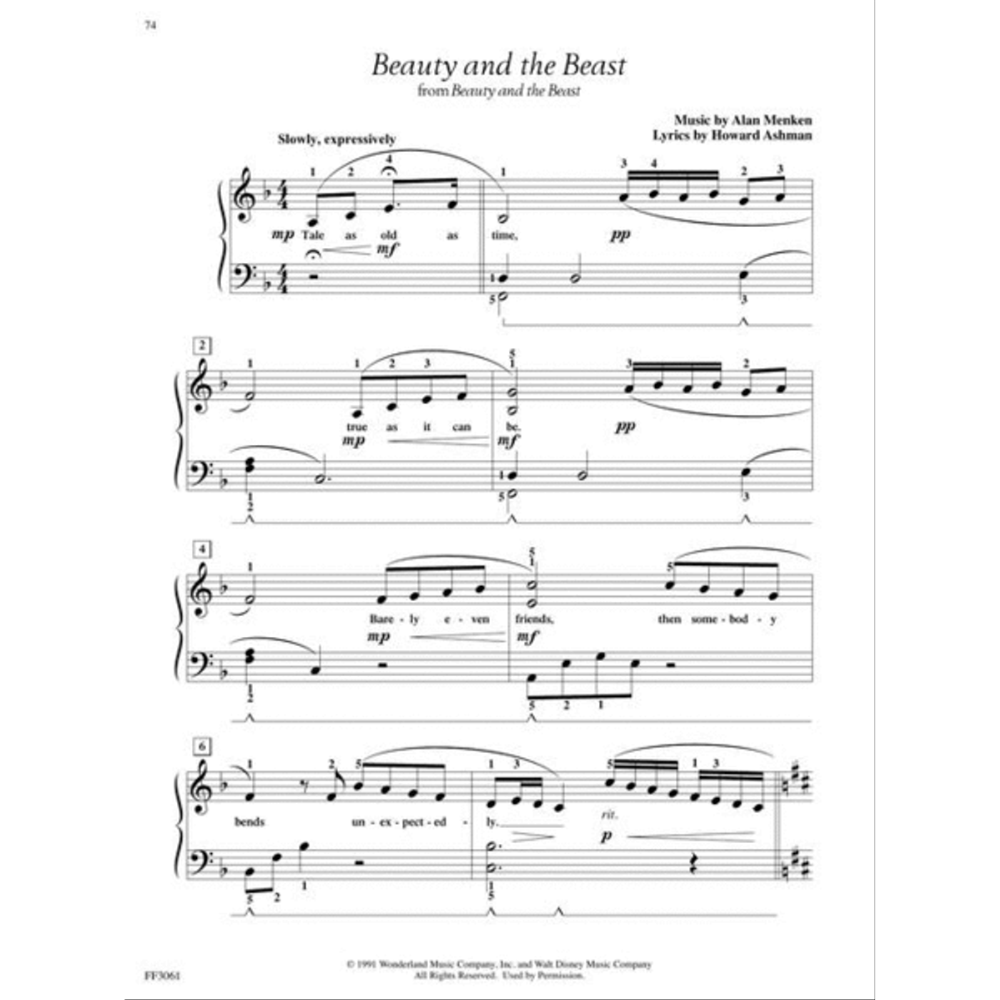 The image shows sheet music for Disney's "Beauty and the Beast," composed by Alan Menken with lyrics by Howard Ashman. It features a piano/vocal arrangement in 4/4 time, B♭ major key, marked "Slowly, expressively," with treble and bass clefs, lyrics under the melody, dynamics like "mp" and "pp," measure numbers, rehearsal letters, slurs, and chord progressions, presented in a professional music publishing format.