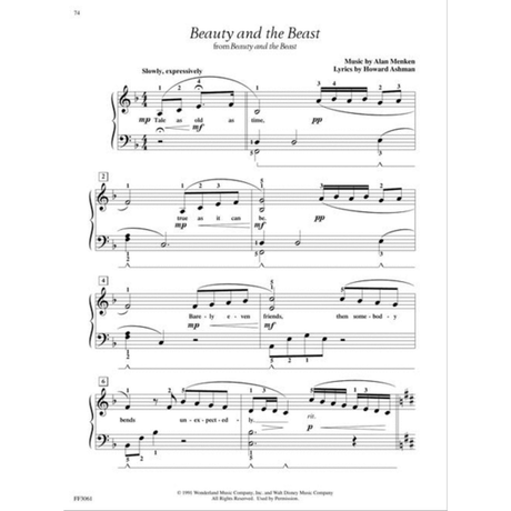 The image shows sheet music for Disney's "Beauty and the Beast," composed by Alan Menken with lyrics by Howard Ashman. It features a piano/vocal arrangement in 4/4 time, B♭ major key, marked "Slowly, expressively," with treble and bass clefs, lyrics under the melody, dynamics like "mp" and "pp," measure numbers, rehearsal letters, slurs, and chord progressions, presented in a professional music publishing format.