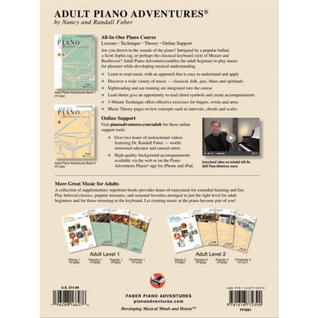 The image shows a promotional page for the "Adult Piano Adventures" series by Nancy and Randall Faber, a comprehensive piano method for adult beginners. It highlights an all-in-one course with lessons, technique, theory, online videos, and an app. The series covers various styles and includes supplementary books with diverse repertoire. Publisher details, pricing, and a website are also displayed.