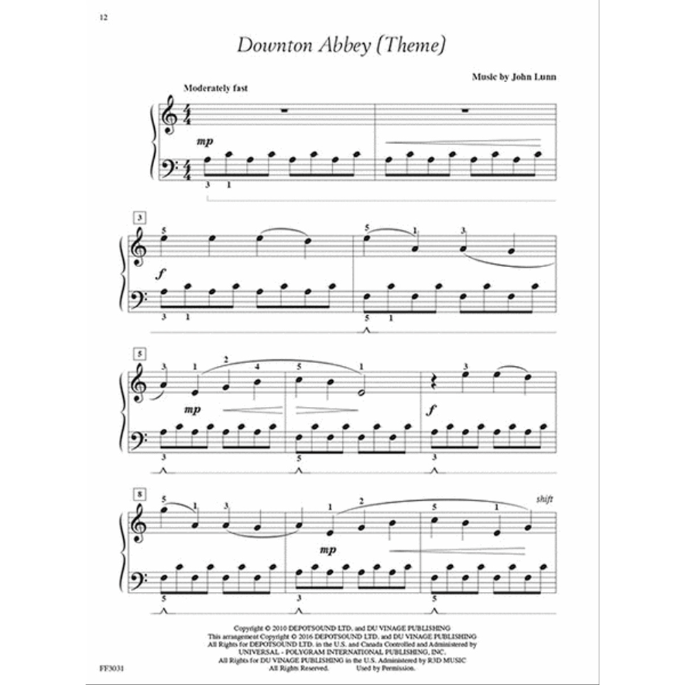 The image shows sheet music for the "Downton Abbey (Theme)" by John Lunn, arranged for piano in 4/4 time with a "Moderately fast" tempo. It features treble and bass clefs, dynamics ("mp," "f"), fingering numbers, slurs, measure numbers, and a "shift" marking. The bottom includes 2016 copyright info from DeWolfe Music Ltd. and Du Vinage Publishing. This is page 12 of a piano songbook for the TV series theme.
