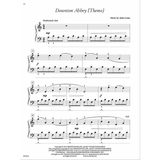 The image shows sheet music for the "Downton Abbey (Theme)" by John Lunn, arranged for piano in 4/4 time with a "Moderately fast" tempo. It features treble and bass clefs, dynamics ("mp," "f"), fingering numbers, slurs, measure numbers, and a "shift" marking. The bottom includes 2016 copyright info from DeWolfe Music Ltd. and Du Vinage Publishing. This is page 12 of a piano songbook for the TV series theme.