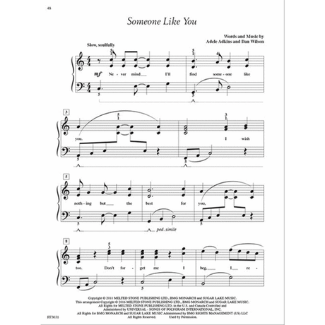The image shows sheet music for "Someone Like You" by Adele Adkins and Dan Wilson. It features a piano/vocal arrangement in 4/4 time, marked "Slow, soulfully" and mezzo-forte. The music includes four systems with treble and bass clefs, lyrics below the melody, expression markings, composer credits, copyright details, and catalog number FF9031, representing an official published version.