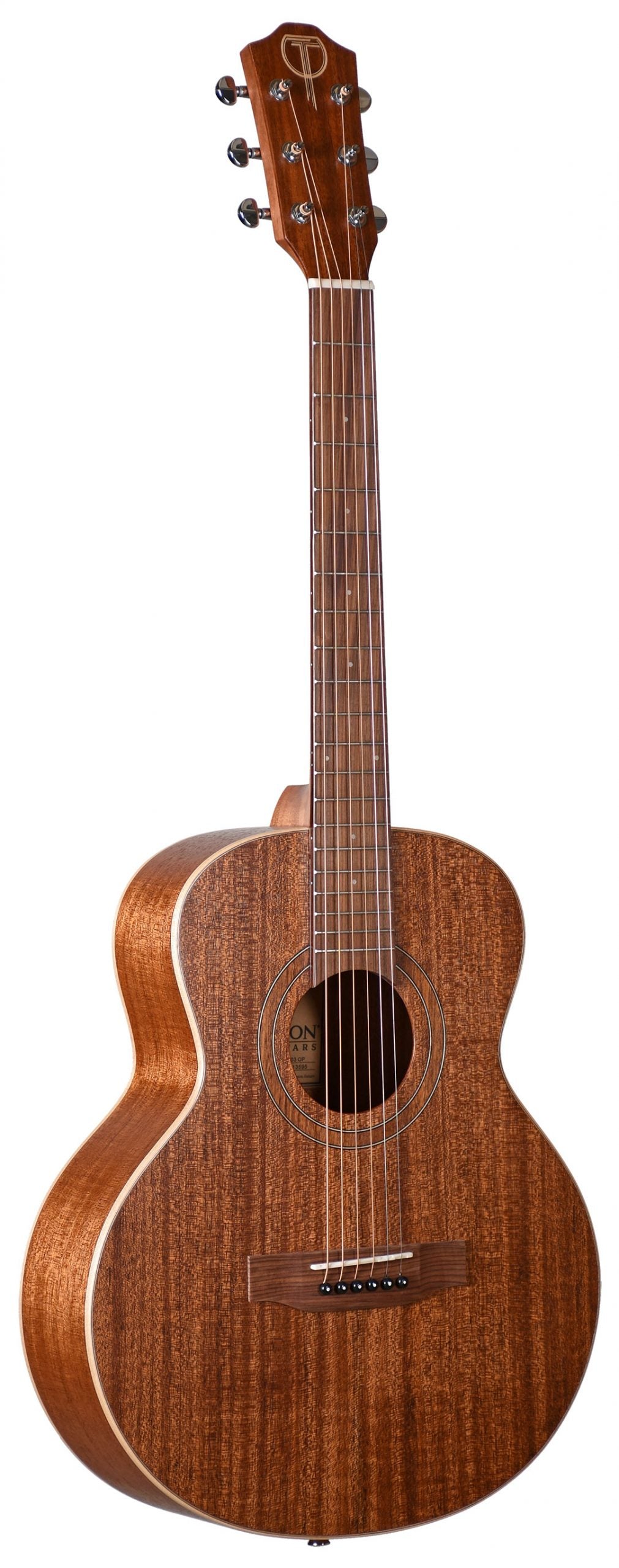 The image shows a high-quality parlor or concert-sized acoustic guitar with a compact body, natural mahogany-like wood grain, light binding, and a dark rosewood fretboard with position markers. It features chrome tuning pegs, a traditional bridge with a bone or synthetic saddle, and a round sound hole with decorative rosette. The design suggests comfort for fingerpicking and a focused, articulate tone.