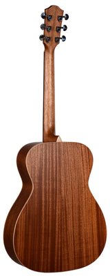 The image shows the back of a high-quality acoustic guitar with rich, warm brown wood grain, likely mahogany. It features six black enclosed tuning pegs in a 3+3 layout on the headstock. The guitar has a classic dreadnought shape with smooth curves and a clean, professional finish, highlighting fine craftsmanship suitable for both casual and serious players.