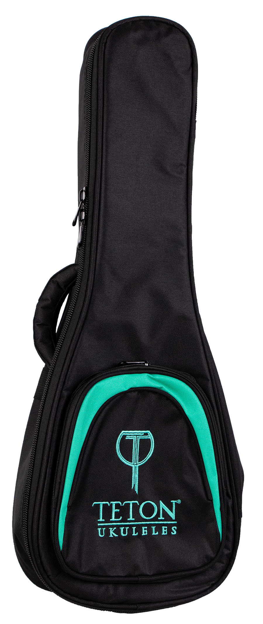 The image shows a black padded gig bag for a ukulele, made of durable fabric with protective padding. It features a full-length zipper, a carrying handle, and a front pocket branded with "TETON UKULELES" in turquoise text and a matching curved design. This lightweight, soft case offers portable protection for ukuleles and is made by the Teton brand.