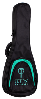 The image shows a black padded gig bag for a ukulele, made of durable fabric with protective padding. It features a full-length zipper, a carrying handle, and a front pocket branded with "TETON UKULELES" in turquoise text and a matching curved design. This lightweight, soft case offers portable protection for ukuleles and is made by the Teton brand.