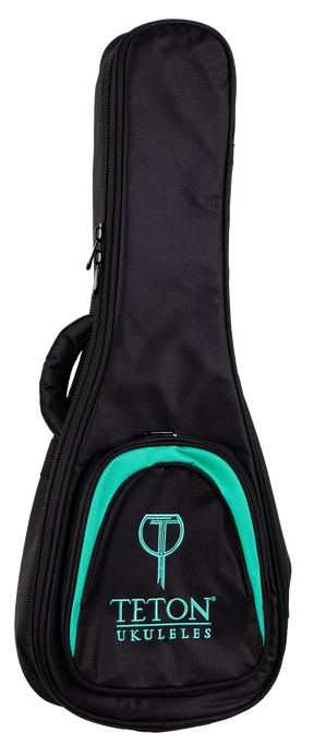 The image shows a black padded gig bag for a ukulele, made of durable fabric with protective padding. It features a full-length zipper, a carrying handle, and a front pocket branded with "TETON UKULELES" in turquoise text and a matching curved design. This lightweight, soft case offers portable protection for ukuleles and is made by the Teton brand.