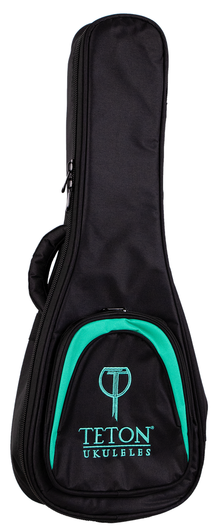 The image shows a black padded gig bag for a ukulele, made of durable fabric with protective padding. It features a full-length zipper, a carrying handle, and a front pocket branded with "TETON UKULELES" in turquoise text and a matching curved design. This lightweight, soft case offers portable protection for ukuleles and is made by the Teton brand.