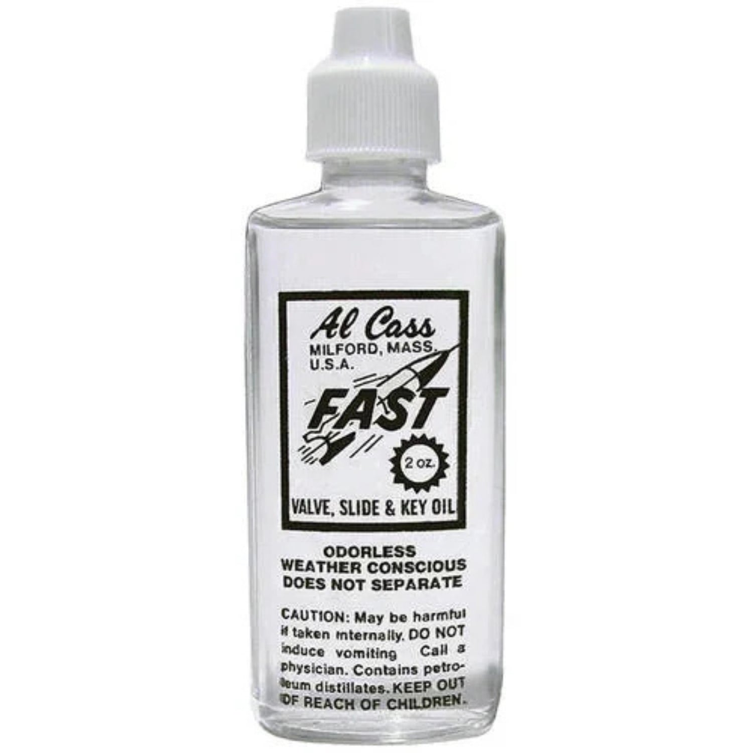 The image shows a 2-ounce bottle of Al Cass "FAST" valve, slide & key oil, a lubricant for brass instruments like trumpets, trombones, and tubas. Made in Milford, Massachusetts, it ensures smooth valve and slide action, is odorless, weather conscious, and stable. The label includes safety warnings about keeping it from children and avoiding ingestion. This oil is essential for maintaining brass instrument performance.