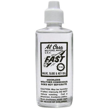 The image shows a 2-ounce bottle of Al Cass "FAST" valve, slide & key oil, a lubricant for brass instruments like trumpets, trombones, and tubas. Made in Milford, Massachusetts, it ensures smooth valve and slide action, is odorless, weather conscious, and stable. The label includes safety warnings about keeping it from children and avoiding ingestion. This oil is essential for maintaining brass instrument performance.