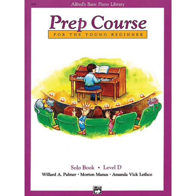The image shows the cover of Alfred's Basic Piano Library "Prep Course for the Young Beginner" Solo Book, Level D. It features a young student playing an upright piano on stage with children seated in green chairs watching. The cover has a purple border and lists authors Willard A. Palmer, Morton Manus, and Amanda Vick Lethco. This beginner piano method book is designed for young children starting piano lessons.