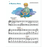 The image shows a page of piano sheet music titled "A Mystery Story" (page 18) with tempo marking "Adagio moderato" and three hand position arrangements (C Position, G Position, LH broken). It includes treble and bass clefs, dynamics, time signatures, and fingering. At the top is a colorful watercolor illustration of a blond boy with glasses reading a book, suggesting a beginner piano lesson book for young students.