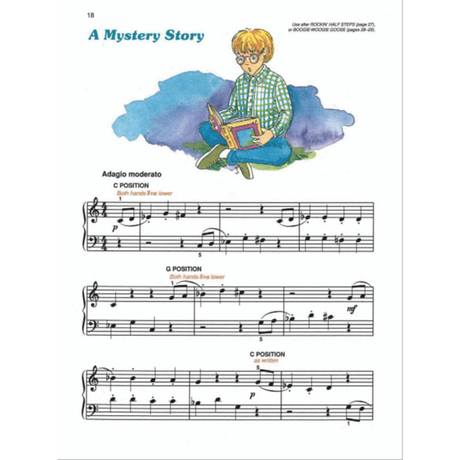 The image shows a page of piano sheet music titled "A Mystery Story" (page 18) with tempo marking "Adagio moderato" and three hand position arrangements (C Position, G Position, LH broken). It includes treble and bass clefs, dynamics, time signatures, and fingering. At the top is a colorful watercolor illustration of a blond boy with glasses reading a book, suggesting a beginner piano lesson book for young students.