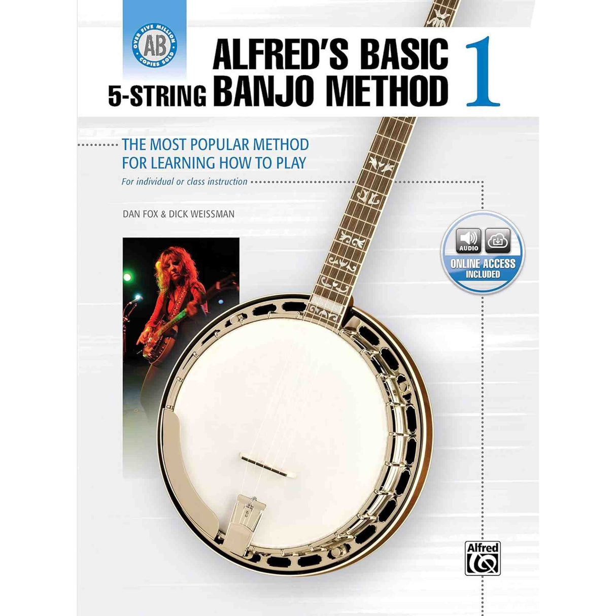 Book cover of 'Alfred's Basic 5-String Banjo Method 1' with a banjo illustration on a white background.