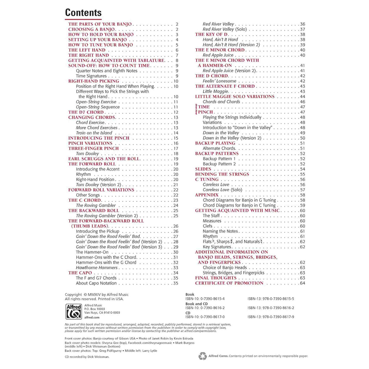 Table of contents for a music book on banjo playing, with a white background.
