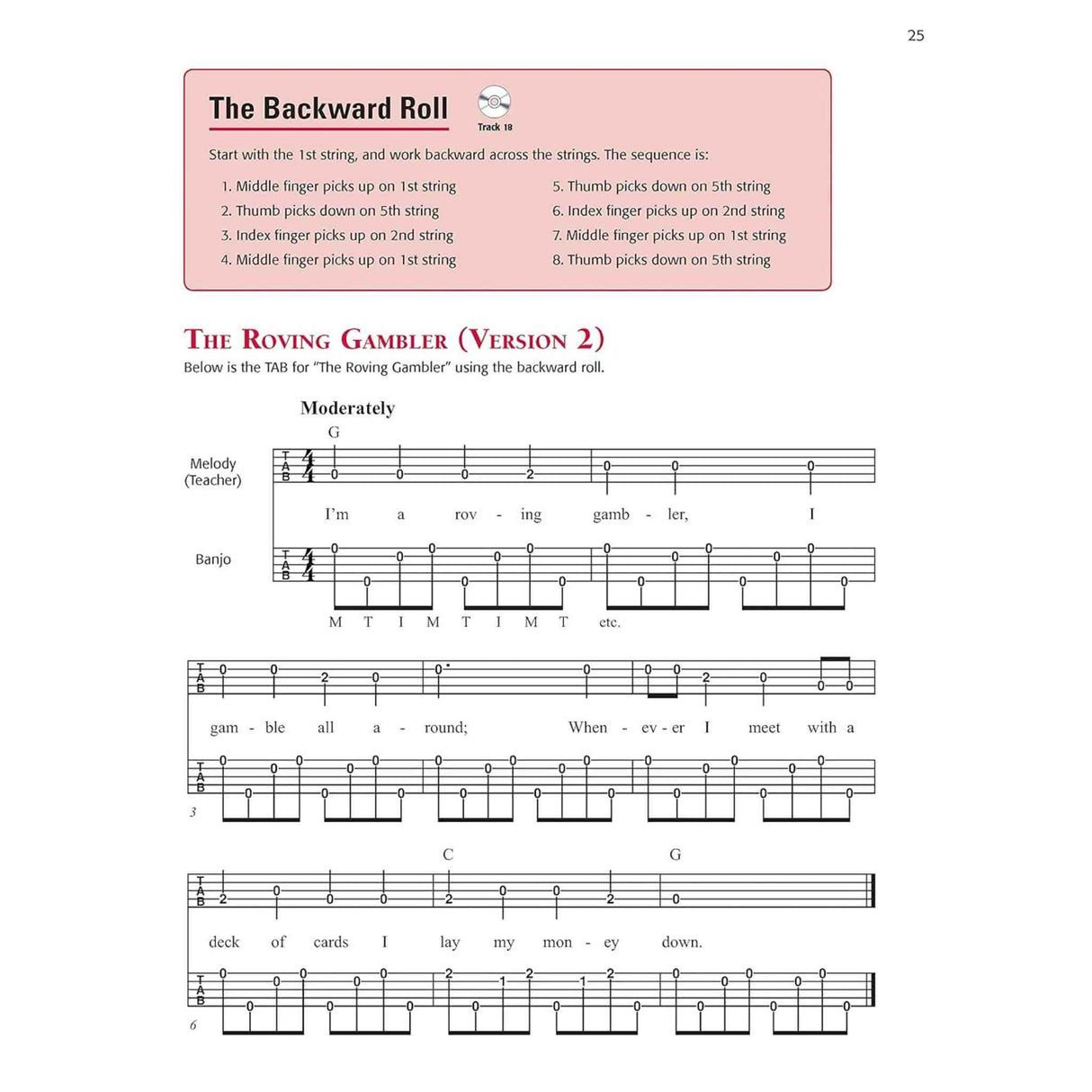 Music sheet with tablature and lyrics for 'The Roving Gambler (Version 2)' on a white background.