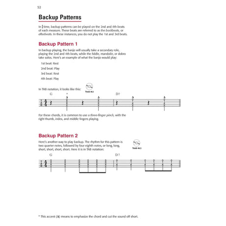 Music sheet with backup patterns for guitar tablature and notation