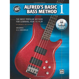 Book cover of 'Alfred's Basic Bass Method 1' with a red bass guitar on a blue background
