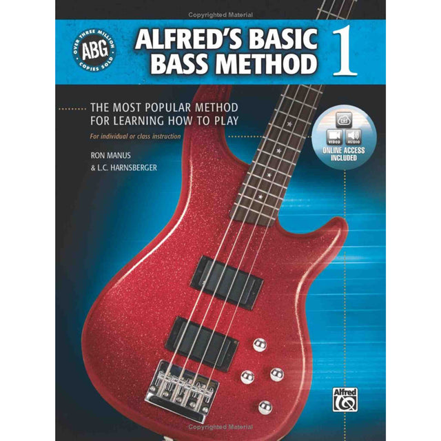Book cover of 'Alfred's Basic Bass Method 1' with a red bass guitar on a blue background