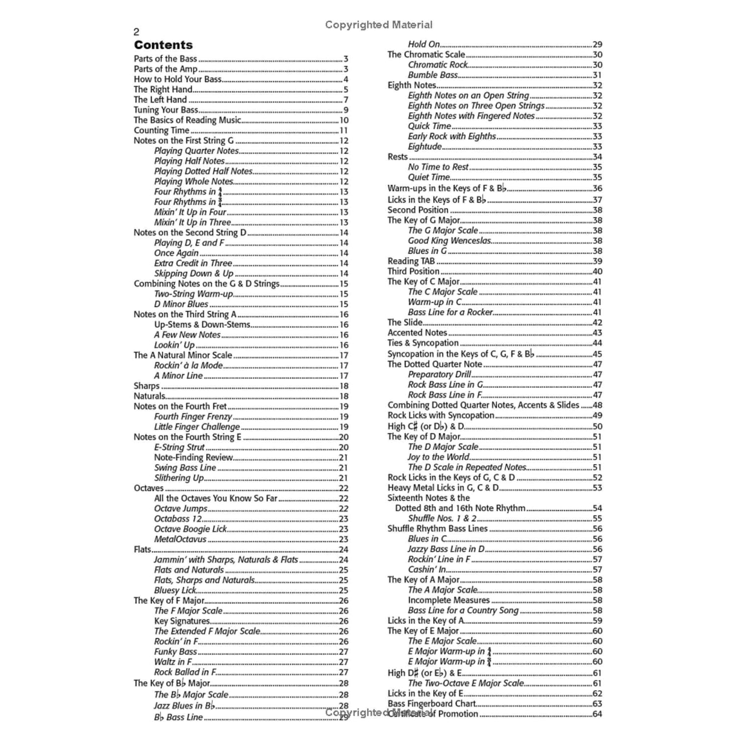 Table of contents for a music instruction book with chapter titles.