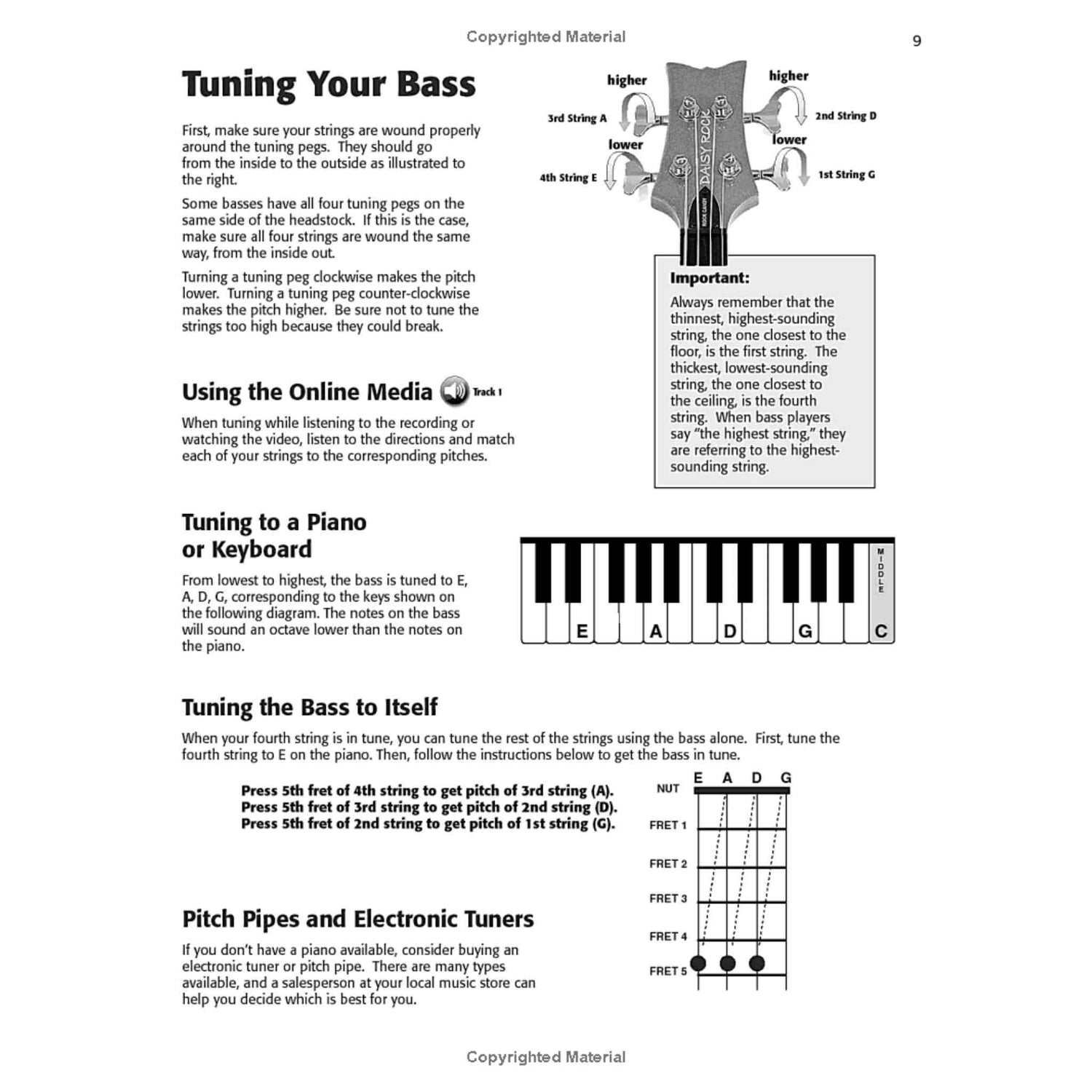 Page from a music instruction book on tuning a bass guitar with diagrams and text.