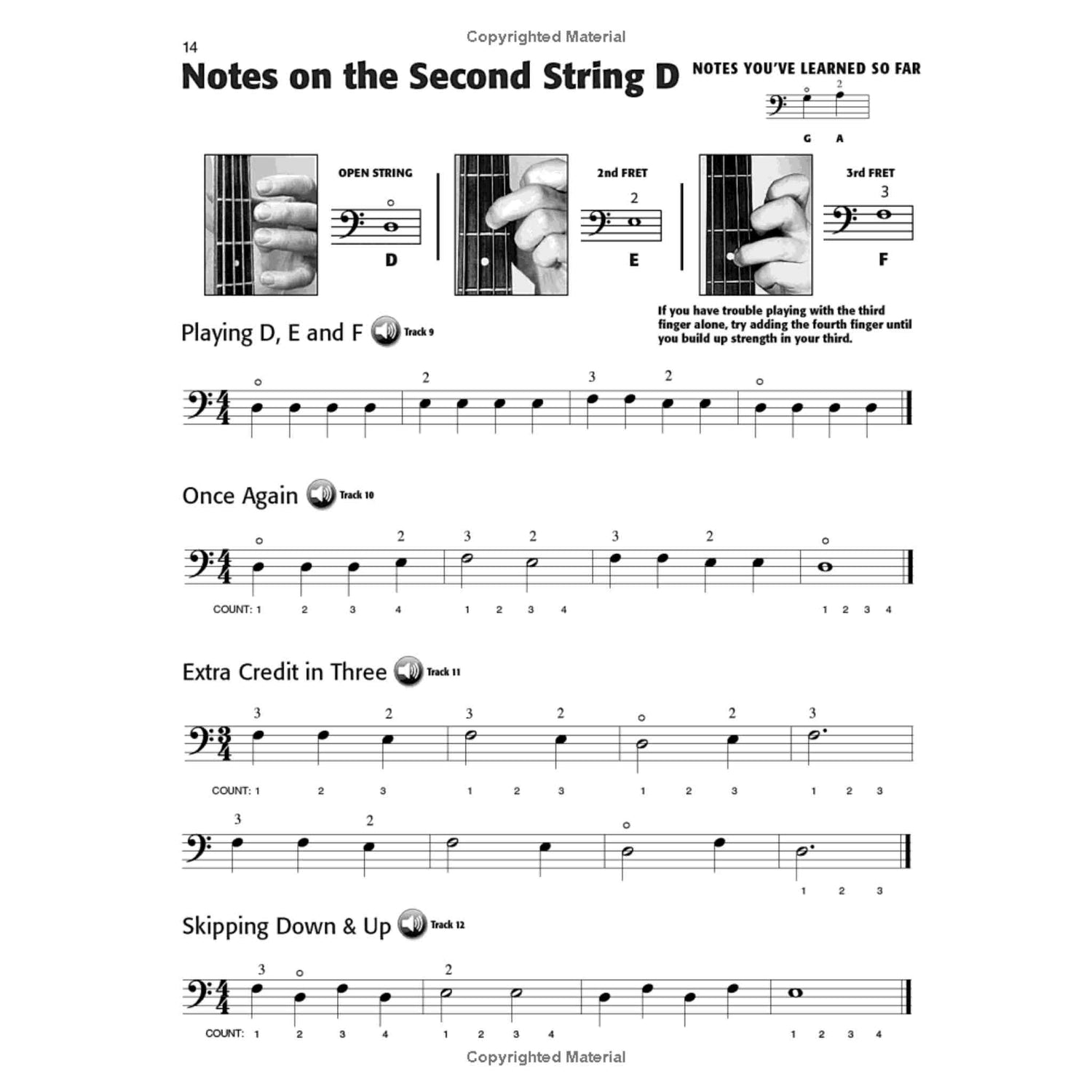 Music sheet with guitar tab and notes on the second string D