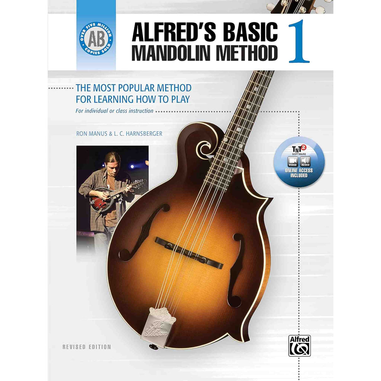 Book cover of 'Alfred's Basic Mandolin Method 1' with a mandolin illustration and text about learning to play mandolin.